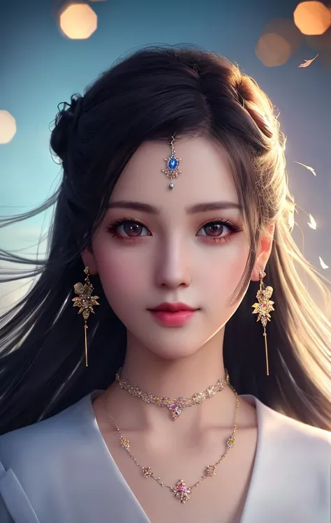 (best quality, masterpiece, high resolution), 1girl,(portrait), white transparent silk china dress, smile, closed mouth,lips, dress, hanfu, necklace, jewelry, long hair, earrings, Beautiful face,upon_body, tyndall effect,photorealistic, rim lighting, two tone lighting,(high detailed skin:1.2), 8k UHD, DSLR, soft lighting, high quality, volumetric lighting, candid, high resolution, 4k, 8k, Bokeh, dream forest, feather drop effect, morning, close-up view