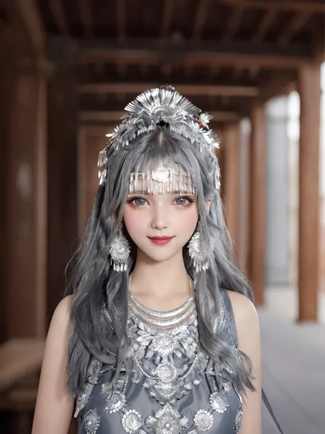 Symmetrical, high-detail original color photo professional close-up, [ : (high-detail face: 1.2) : 0.1] , (PureErosFace v 1:0.8) ,((full-body)) full-body portrait, pores, real skin,big breasts, flowing dress, dress, hair band, flying hair, (grey hair ) , ancient headdress, hairpin, smile, affectionate eyes, sparkling eyes, beautiful scene, shadow, Backlight, natural light, obscurity Lens, hard focus, film particles, shooting photos, portrait photos <lora:Miaozufushi-268:0.0.3> <lora:hipoly3DModelLora_v10:0.3> <lora:urbanSamuraiClothing_urbansamuraiV03:0.4>
