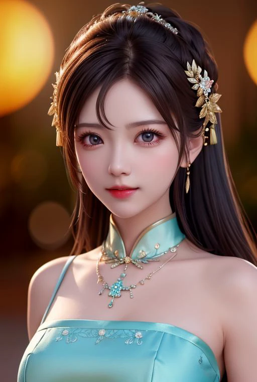 best quality, masterpiece, highres, 1girl,china dress,hair ornament,necklace, jewelry,Beautiful face,upon_body, tyndall effect,photorealistic, dark studio, rim lighting, two tone lighting,(high detailed skin:1.2), 8k uhd, dslr, soft lighting, high quality, volumetric lighting, candid, Photograph, high resolution, 4k, 8k, Bokeh,
 <lora:sailorJupiterSailor_v10:0.6>,cyan close