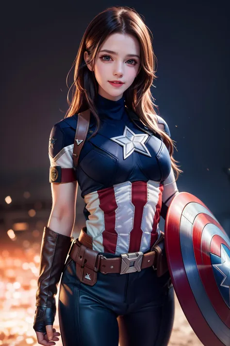 superhero landing,(Emma Watson:0.8),1girl, solo, very long hair,black eyes, smile, standing, dynamic pose, 8k, masterpiece, best quality, absurdres, perfect anatomy, cinematic lighting, cowboy shot, (Captain America costume:1.1), Moderate hips,Leather pants