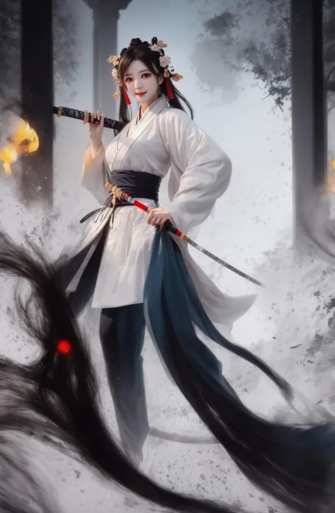 Masterpiece, Best Quality, Official Art, Extremely Detailed CG Unity 8k Wallpaper, White Background: 1.4, Tyndall Effect, Photorealistic, Dark Studio, Rim Light, Dichromatic Light, (Floating Detail Ink Splatter),
1girl, 18 years old, cute, big eyes, smart, headgear: 1.4, Hanfu: 1.3, long hair, blush, big head, (charming smile: 0.8), star pupils, Hanfu, hair accessories, necklace, jewelry, beauty, carry Holding the sword, [poof] Yin and Yang,
<lyco:WuMo2:1.0>
Negative prompt: (((simple background))),monochrome ,lowres, bad anatomy, bad hands, text, error, missing fingers, extra digit, fewer digits, cropped, worst quality, low quality, normal quality, jpeg artifacts, signature, watermark, username, blurry, lowres, bad anatomy, bad hands, text, error, extra digit, fewer digits, cropped, worst quality, low quality, normal quality, jpeg artifacts, signature, watermark, username, blurry, ugly,pregnant,vore,duplicate,morbid,mut ilated,tran nsexual, hermaphrodite,long neck,mutated hands,poorly drawn hands,poorly drawn face,mutation,deformed,blurry,bad anatomy,bad proportions,malformed limbs,extra limbs,cloned face,disfigured,gross proportions, (((missing arms))),(((missing legs))), (((extra arms))),(((extra legs))),pubic hair, plump,bad legs,error legs,username,blurry,bad feet
Steps: 30, Sampler: Euler a, CFG scale: 7, Seed: 1302531389, Size: 560x856, Model hash: 4078eb4174, Model: G_古风_3Guofeng3_v33, Denoising strength: 0.5, Clip skip: 2, ENSD: 31337, ControlNet 0: "preprocessor: openpose_full, model: control_v11p_sd15_openpose [cab727d4], weight: 1, starting/ending: (0, 1), resize mode: Crop and Resize, pixel perfect: False, control mode: Balanced, preprocessor params: (512, 64, 64)", Hires upscale: 2, Hires upscaler: Latent

Time taken: 40.21sTorch active/reserved: 6218/9266 MiB, Sys VRAM: 12282/12282 MiB (100.0%)
