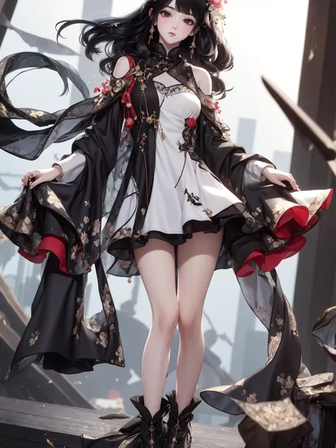 masterpiece, best quality,1girl , looking at viewer, full body, simple background, white skin, small breasts,black hair, long hair, wind:1.3, <lora:NewChineseStyleSuit_v1:0.6>