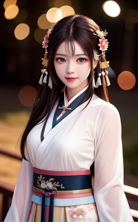 best quality, masterpiece, highres, 1girl,blush,(seductive smile:0.8),star-shaped pupils,china hanfu,hair ornament,necklace, jewelry,Beautiful face,upon_body, tyndall effect,photorealistic, dark studio, rim lighting, two tone lighting,(high detailed skin:1.2), 8k uhd, dslr, soft lighting, high quality, volumetric lighting, candid, Photograph, high resolution, 4k, 8k, Bokeh
