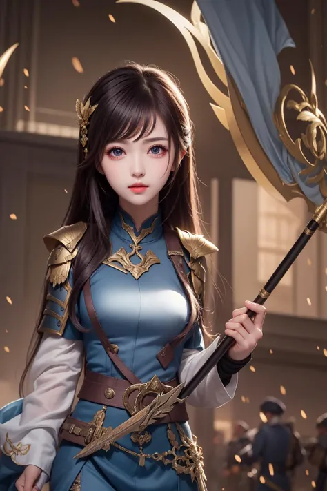 1girl, beautiful face, masterpiece, best quality, eaba, weapon, holding, outdoors, army, solo focus, soldier, beauty focus, polearm, banner, shoulder armor, war, holding weapon, facial hair, reins