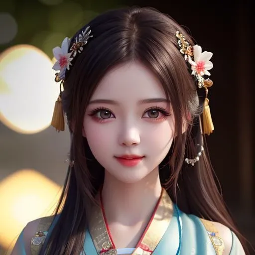 best quality, masterpiece, highres, 1girl,blush,(seductive smile:0.8),star-shaped pupils,china hanfu,hair ornament,necklace, jewelry,Beautiful face,upon_body, tyndall effect,photorealistic, dark studio, rim lighting, two tone lighting,(high detailed skin:1.2), 8k uhd, dslr, soft lighting, high quality, volumetric lighting, candid, Photograph, high resolution, 4k, 8k, Bokeh