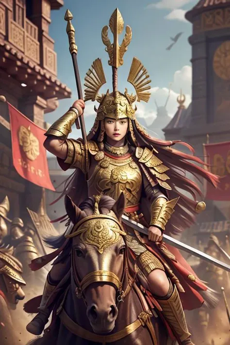 1girl, beautiful face, masterpiece, best quality, weapon, holding, outdoors, army, solo focus, soldier, beauty focus, polearm, banner, shoulder armor, war, holding weapon, facial hair, reins