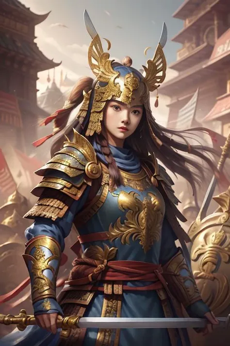 1girl, beautiful face, masterpiece, best quality, eaba, weapon, holding, outdoors, army, solo focus, soldier, beauty focus, polearm, banner, shoulder armor, war, holding weapon, facial hair, reins