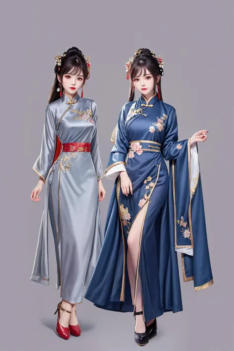 masterpiece, best quality,chinesestylesuit,,1girl , looking at viewer, full body, simple background, Cement Gray dress,