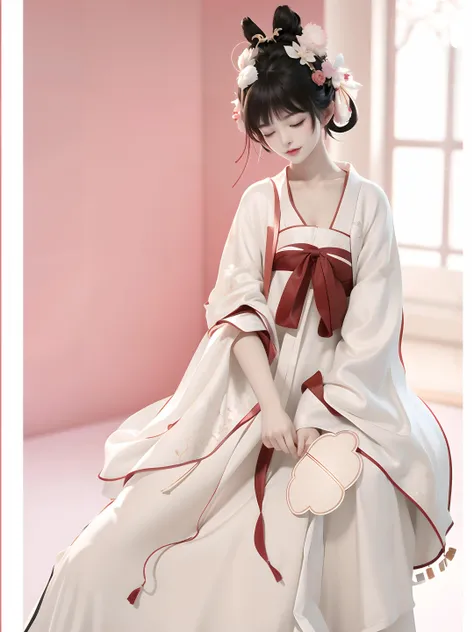best quality,highres,masterpiece,1girl,solo,hair ornament,hair flower,chinese clothes,closed eyes,jewelry,hanfu,dress,wide sleeves,hand fan,long sleeves,holding,closed mouth,hair bun,hanfu,
