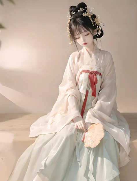 best quality,highres,masterpiece,1girl,solo,hair ornament,hair flower,chinese clothes,closed eyes,jewelry,hanfu,dress,wide sleeves,hand fan,long sleeves,holding,closed mouth,hair bun,hanfu,