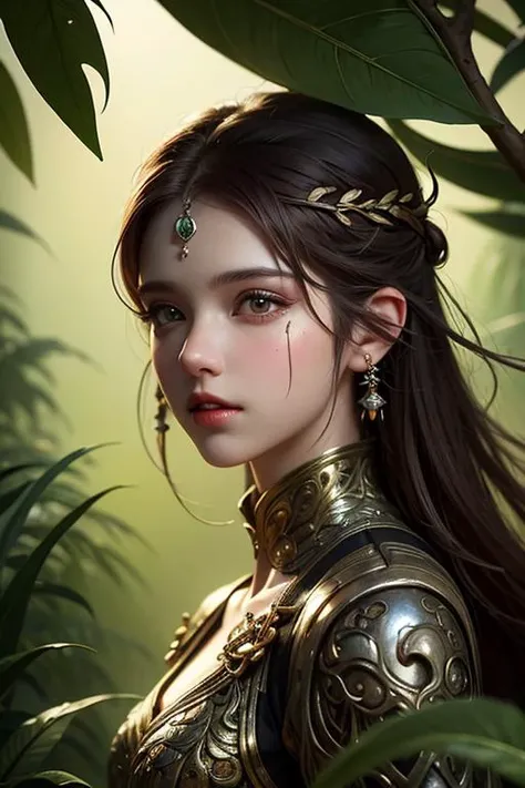 photorealistic, 35mm, intricate details, hdr, intricate details, hyperdetailed, natural skin texture, hyperrealism, sharp, 1 girl, swedish, silver eyes, white prom hairstyle, solo, upper body, looking at viewer, detailed background, detailed face, (<lora:RootsBranchesAIv5:0.5>, RootsBranchesAI theme:1.1), jungle fighter, green tribal clothing, warpaint, beads, tropical climate, dynamic pose, defensive stance, poisonous plants, colorful plants, exotic trees, fronds, vines, mysterious, jungle in background, sunrays, cinematic atmosphere, 
 <lora:DreamBasedOnGuofeng3_v10:0.7>