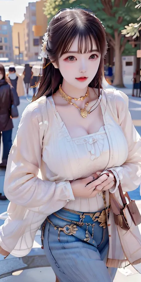 masterpiece,highres, highest quality,intricate detail,best texture,realistic,8k,soft light,perfect shadow, sunny,modern city,crowding street,stores,shopping,falling leaf, portrait,erjie,1girl,fasion,big gold necklace,famous watch, cigar,sunglasses,thumb up,walking,Luxury, street shot,