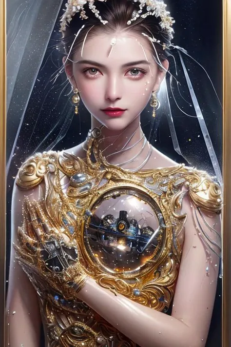 Photorealistic imagery ((a complex girl hugging a complex adolescent machine boy, transparent skin made of clear glass and crystal)), glowing transparent body, embedded, ((golden mechanical gear parts in the body)) , inspired by Automata's elaborate design and luxurious Art Deco aesthetic, (dynamic pose), fractal art, (shiny skin), iridescent body, many lights in the body, electronic lights, (hands on their own chest), feet raised, ((transparent head)), transparent body, brilliant_eyes, camera: macro, lens: medium shot, using soft studio lighting (soft light: 1.8), futuristic background, mirror Reflection imagery and ultra-detailed 8K resolution rendering to capture fine details and reflective surfaces of clear glass, crystal and metal,1mechanical man,((ultra realistic details)), 8k, ultra sharp,intricate,portrait, illumination,metal, shadows, octane render, ornaments detailed, cold colors, egypician detail, highly intricate details, realistic light, trending on cgsociety, glowing eyes, facing camera, neon details, machanical limbs,blood vessels connected to tubes,mechanical vertebra attaching to back,mechanical cervial attaching to neck,sitting,wires and cables connecting to head, <lora:DreamBasedOnGuofeng3_v10:0.6>