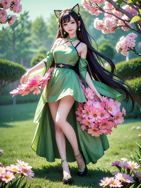 ((best quality)), ((masterpiece)), (detailed), (((1girl))), 12 y.o., girl with cat ears, pink ears, black hair, smiling, (green dress:1.5), ((full body)), face to viewer, dancing, grass field, many flowers, red flowers,