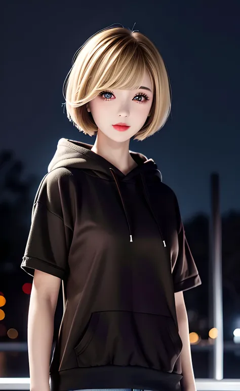 1girl, upper body, standing, short hair, bob cut, blonde hair, brown eyes, black hoodie, short sleeves, outdoors, park, night, night sky