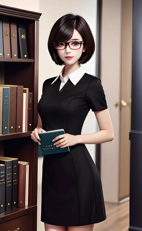1girl, cowboy shot, standing, short hair, bob cut, black hair, brown eyes, black glasses, black dress, collared dress, short sleeves, book, holding book, indoors, library