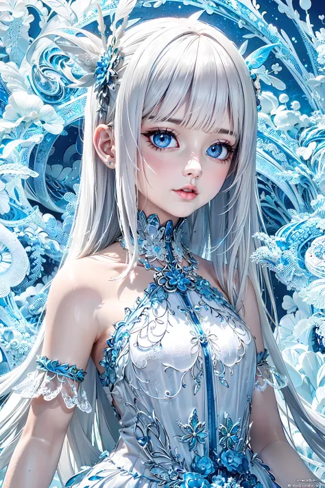 (masterpiece, top quality, best quality, official art, beautiful and aesthetic:1.2), (one white long hair female tiny), extreme detailed,(fractal art:1.4),colorful,highest detailed, blue eyes, close up,