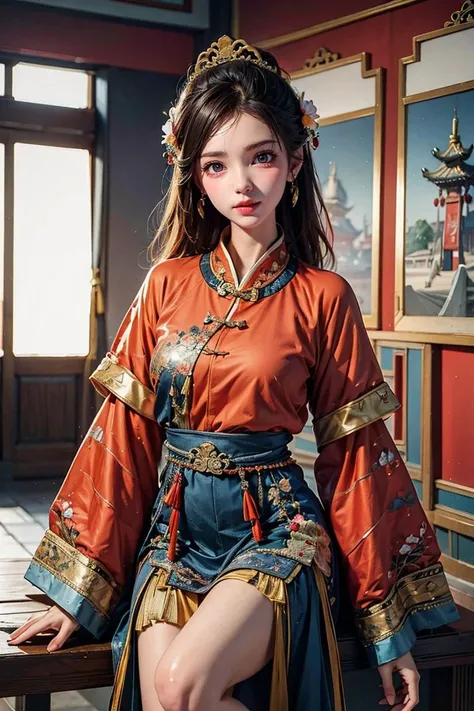 masterpiece, <lora:Yanxi_v1:0.6>,yanxi,chinese clothes,1girl, sitting, solo, red wall,bench, architecture, chinese clothes, hands on lap, vase, dress, east asian architecture, black hair, long sleeves, tree, flower, looking at viewer, indoors,daqingchao, solo, long sleeves, floral print, traditional media,best quality, masterpiece, photo realistic, intricate details, raw photo, photon rendering, octane render, absurdres, ultra detailed, detailed face, detailed skin, trending on artstation,8k masterpiece,cinematic lighting,
