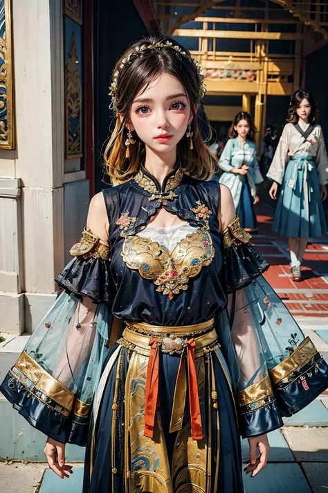 <lora:Yanxi_v1:0.8>,yanxi,1girl, solo, (RAW photo, best quality), (realistic, photo-realistic:1.3), extremely delicate and beautiful, golden composition,Amazing, finely detail, masterpiece, ultra-detailed, highres,(best shadow),intricate,stunning skin details, Chinese classical architecture as the background,fine art photography, romantic depictions of historical events, exquisite clothing detail, sharp focus, 8k UHD, DSLR, high quality, (film grain:1.4), Fujifilm XT3, (blue and orange tone impression),