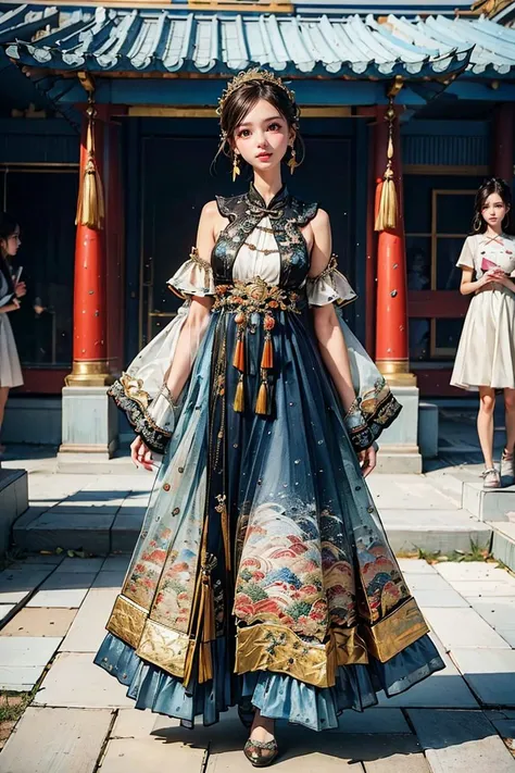 <lora:Yanxi_v1:0.8>,yanxi,1girl, solo, (RAW photo, best quality), (realistic, photo-realistic:1.3), extremely delicate and beautiful, golden composition,Amazing, finely detail, masterpiece, ultra-detailed, highres,(best shadow),intricate,stunning skin details, Chinese classical architecture as the background,fine art photography, romantic depictions of historical events, exquisite clothing detail, sharp focus, 8k UHD, DSLR, high quality, (film grain:1.4), Fujifilm XT3, (blue and orange tone impression),