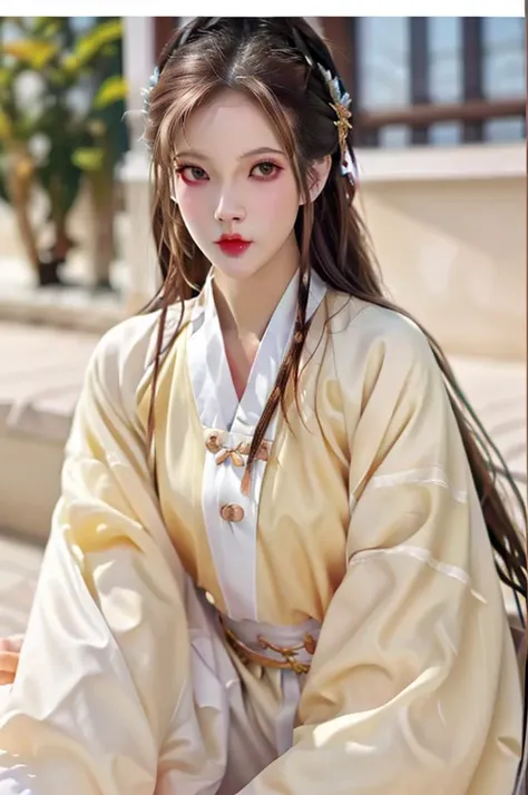 <lora:hanfu40-beta-3:0.5>, <lora:EileenGu_v1:1>,upper body, brown hair,looking at viewer, realistic, 8k,masterpiece, best quality, white hanfu,interspecies,american face,1girl,long_hair,lips,depth_of_field,beautiful detailed eyes, small eyes,