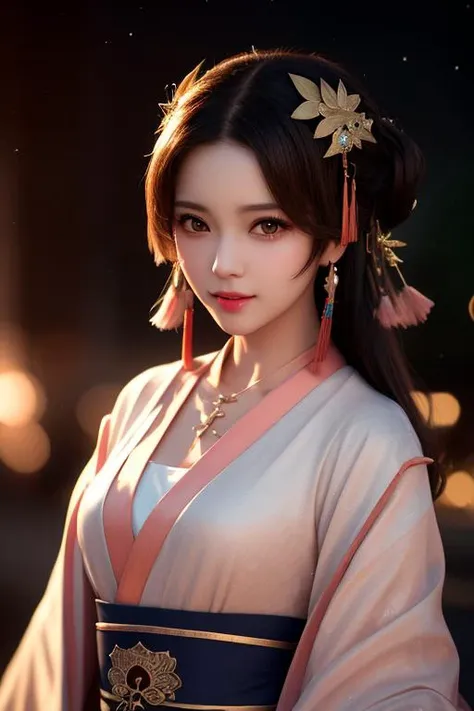 best quality, masterpiece, highres, 1girl,blush,(seductive smile:0.8),star-shaped pupils,china hanfu,hair ornament,necklace, jewelry,Beautiful face,upon_body, tyndall effect,photorealistic, dark studio, rim lighting, two tone lighting,(high detailed skin:1.2), 8k uhd, dslr, soft lighting, high quality, volumetric lighting, candid, Photograph, high resolution, 4k, 8k, Bokeh