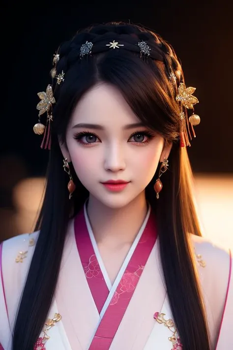 best quality, masterpiece, highres, 1girl,blush,(seductive smile:0.8),star-shaped pupils,china hanfu,hair ornament,necklace, jewelry,Beautiful face,upon_body, tyndall effect,photorealistic, dark studio, rim lighting, two tone lighting,(high detailed skin:1.2), 8k uhd, dslr, soft lighting, high quality, volumetric lighting, candid, Photograph, high resolution, 4k, 8k, Bokeh