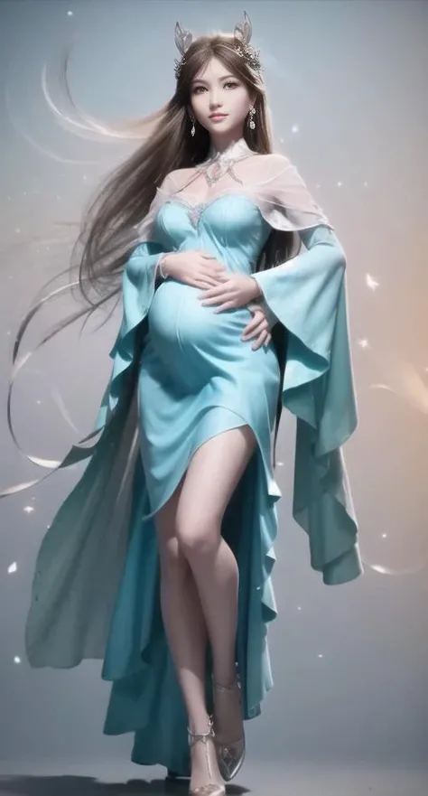 a pregnant woman, silky hair, gem-like purple eyes, red lips, super detailed, highest quality, masterpiece, masterwork, ultimate details, peerless beauty, 4k resolution, CG style, messy strands of hair, exquisite hairstyle, exquisite facial features, exquisite hair rendering, (original painting), earrings, blush, petals, diamonds, droplets, pearls, butterflies, beautiful smooth collarbone, perfect body shape, full breasts, ultra-clear, feet wearing crystal high heels, <lora:Soul Land NingRongRong_20230609134803:1>