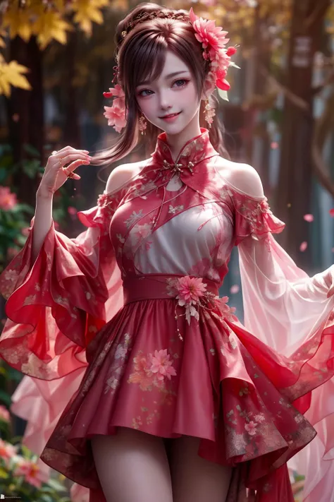masterpiece, depth of field, soft lighting, masterpiece, best quality, intricate, (lens flare:0.7), (bloom:0.7), particle effects, raytracing, tone mapped, highly detailed,
a girl, <lora:NewChineseStyleSuit_v1:0.8>pink and grey dress,flower around,floating petal,light smile, in autumn forest, <lora:DreamBasedOnGuofeng3_v10:0.4> <lora:add_detail:1>