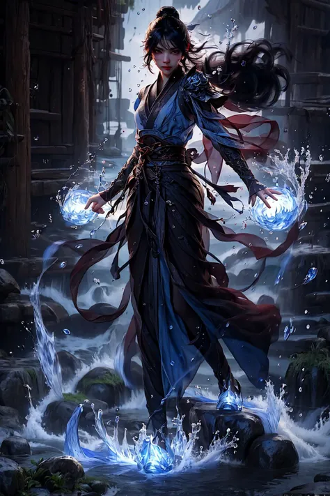 best quality,masterpiece,highres,cg,
(a girl),beautiful face,detailed skin,<lora:yushui V2:1>,tabi,yushui,Filled with water energy,full body,black hair,male focus,looking at viewer,black eyes,floating hair,
lighting,candid,Photograph,high resolution,4k,8k,Bokeh,