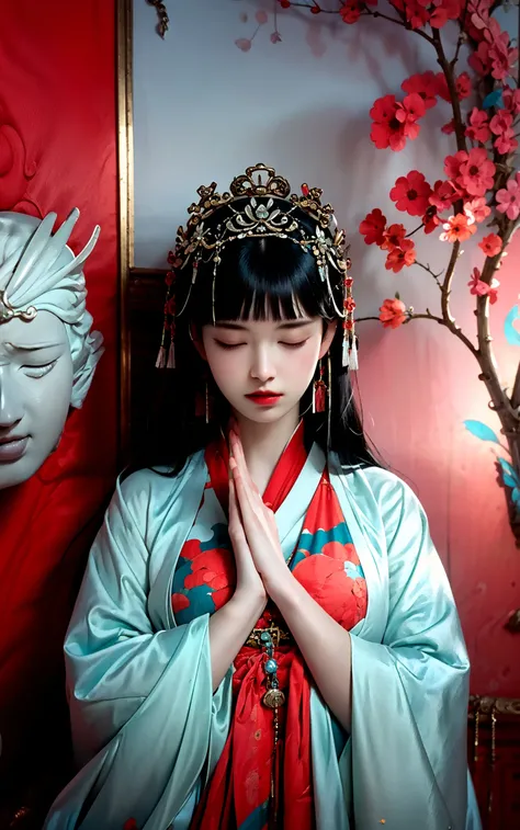 a woman meditating in front of lots of masks, in the style of zhang jingna, photomontage, hirohiko araki, oriental, sergio toppi, theatrical, poster art <lora:~Q?]b|-O[:0.8>