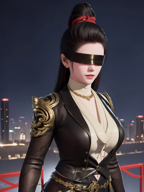 <lora:YJWJninghongyeCDXN_20230805164130:0.75>,1girl,mature female,cityscape,night,looking at viewer,YJWJninghongyeCDXN,black blindfold,high ponytail,red ribbon,cowboy shot,black hair,armor,clothing cutout,jewelry,gem,shirt,jacket,belt,necklace,trim,hair bun,
