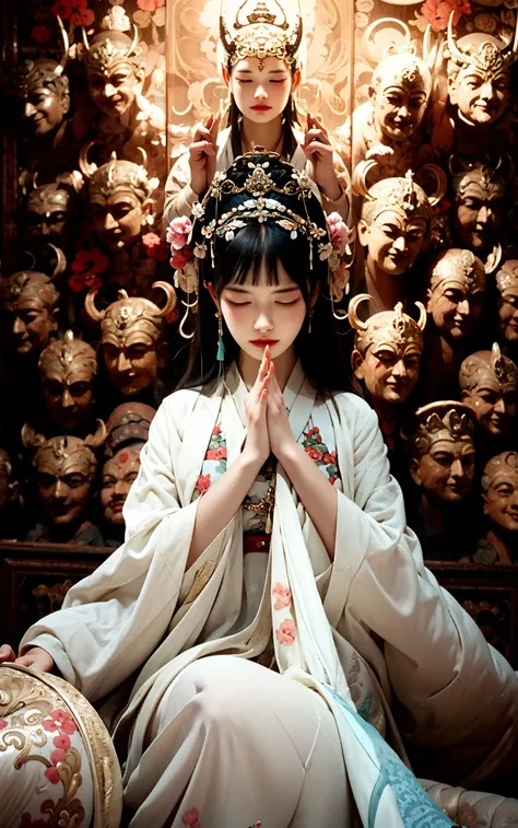 a woman meditating in front of lots of masks, in the style of zhang jingna, photomontage, hirohiko araki, oriental, sergio toppi, theatrical, poster art <lora:~Q?]b|-O[:0.8>