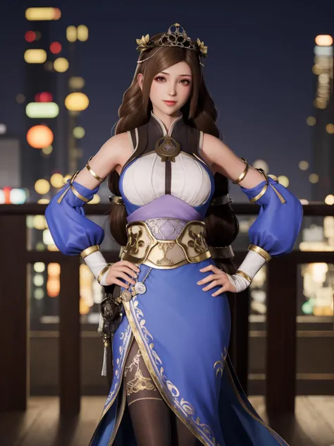 SGWScaiwenji, 1girl, solo, brown hair, long hair, brown eyes, detached sleeves, dress, pantyhose, tiara, bare shoulders, standing,breasts, looking at viewer,obi, <lora:SGWScaiwenji:0.75>,cityscape, night, looking at viewer, mature female, hand on hip, light smile,