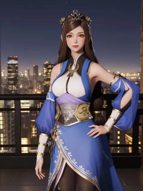 SGWScaiwenji, 1girl, solo, brown hair, long hair, brown eyes, detached sleeves, dress, pantyhose, tiara, bare shoulders, standing,breasts, looking at viewer,obi, <lora:SGWScaiwenji:0.75>,cityscape, night, looking at viewer, mature female, hand on hip, light smile,