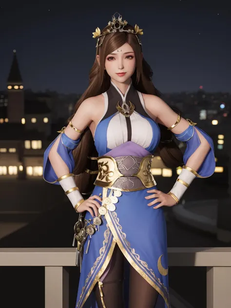 SGWScaiwenji, 1girl, solo, brown hair, long hair, brown eyes, detached sleeves, dress, pantyhose, tiara, bare shoulders, standing,breasts, looking at viewer,obi, <lora:SGWScaiwenji:0.75>,cityscape, night, looking at viewer, mature female, hand on hip, light smile,