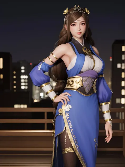 SGWScaiwenji, 1girl, solo, brown hair, long hair, brown eyes, detached sleeves, dress, pantyhose, tiara, bare shoulders, standing,breasts, looking at viewer,obi, <lora:SGWScaiwenji:0.75>,cityscape, night, looking at viewer, mature female, hand on hip, light smile,