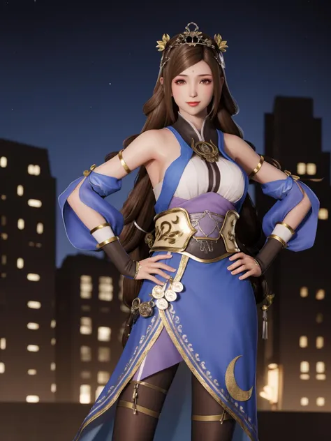 SGWScaiwenji, 1girl, solo, brown hair, long hair, brown eyes, detached sleeves, dress, pantyhose, tiara, bare shoulders, standing,breasts, looking at viewer,obi, <lora:SGWScaiwenji:0.75>,cityscape, night, looking at viewer, mature female, hand on hip, light smile,