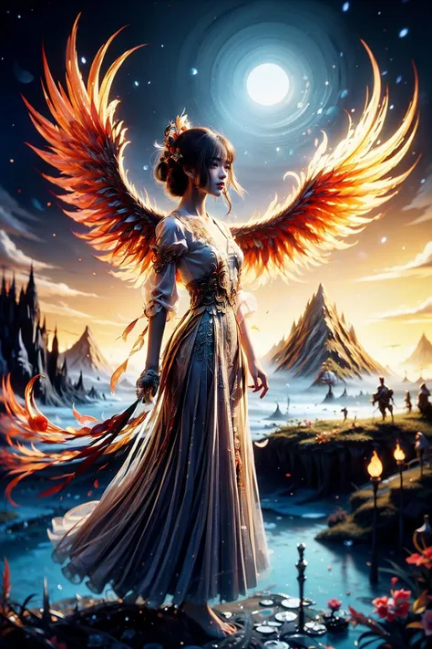 1 girl,queen,full_body,fire tree,Phoenix of Sora,<lora:PhoenixSora:0.7>,
very long hair,red eyes,small_breasts,large_wings,china_dress,chinese_style,hanfu,
dark,realistic,reality,best quality,full moon,mountain,cirrus_floccus,magic circles,traditional_chinese_room,sword,wide_shot,<lora:add_detail:0.7>,<lora:gpts4 lite dreamwave_278580:0.4>,<lora:KK_paperCut_v1:0.6>,