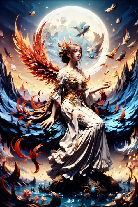 1 girl,queen,full_body,fire tree,Phoenix of Sora,<lora:PhoenixSora:0.7>,
very long hair,red eyes,small_breasts,large_wings,china_dress,chinese_style,hanfu,
dark,realistic,reality,best quality,full moon,mountain,cirrus_floccus,magic circles,traditional_chinese_room,sword,wide_shot,<lora:add_detail:0.7>,<lora:gpts4 lite dreamwave_278580:0.4>,<lora:KK_paperCut_v1:0.6>,
