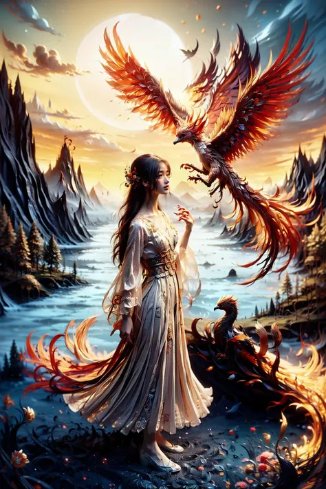 1 girl,queen,full_body,fire tree,Phoenix of Sora,<lora:PhoenixSora:0.8>,
very long hair,red eyes,small_breasts,large_wings,china_dress,chinese_style,hanfu,
dark,realistic,reality,best quality,full moon,mountain,cirrus_floccus,magic circles,traditional_chinese_room,sword,wide_shot,<lora:add_detail:0.7>,<lora:gpts4 lite dreamwave_278580:0.4>,<lora:KK_paperCut_v1:0.8>,