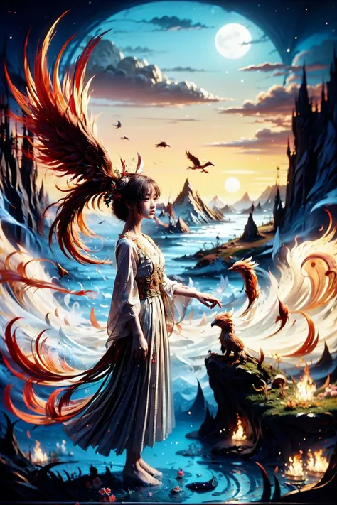 1 girl,queen,full_body,fire tree,Phoenix of Sora,<lora:PhoenixSora:0.7>,
very long hair,red eyes,small_breasts,large_wings,china_dress,chinese_style,hanfu,
dark,realistic,reality,best quality,full moon,mountain,cirrus_floccus,magic circles,traditional_chinese_room,sword,wide_shot,<lora:add_detail:0.7>,<lora:gpts4 lite dreamwave_278580:0.4>,<lora:KK_paperCut_v1:0.6>,