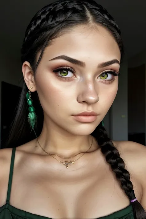 breathtaking, award-winning, professional, highly detailed, photo of <lora:sd15_locon_AllieDunn_8_v1.0:.9> AllieDunn, focus on eyes, close up on face, pouting, dark emerald hair styled as micro braids,