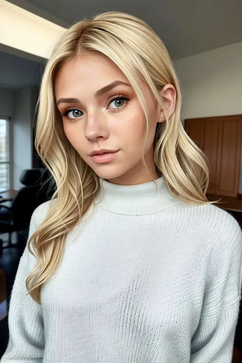 half-body of photo of <lora:sd15_locon_AllieDunn_16_v1-000014:.9> AllieDunn with blonde hair, focus on face, wearing a thin sweater , her hair is styled as voluminous curls hair,