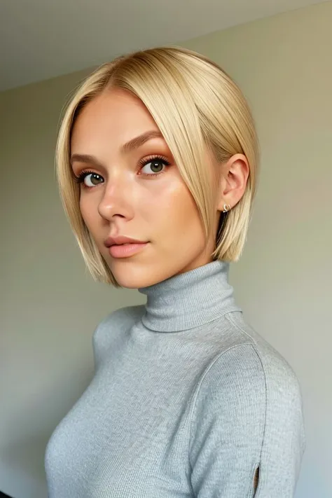 half-body of photo of <lora:sd15_locon_AllieDunn_16_v1-000014:.9> AllieDunn with blonde hair, focus on face, wearing a turtleneck , her hair is styled as short asymmetrical hair,