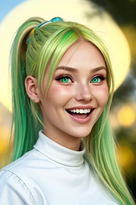 (pop surrealistic, dreamlike, pop culture elements, vibrant, detailed:1.15), <lora:sd15_locon_AllieDunn_16_v1-000014:.9> AllieDunn with blonde hair, focus on eyes, close up on face, laughing, vibrant green color hair styled as teased ponytail, lens flare