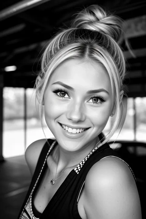 {3::|__demoran/styles/realistic__,} __demoran/composite/showcase(girl=photo of (eye level, closeup on face:1.2) of photo of <lora:sd15_locon_AllieDunn_16_v1-000014:.9> AllieDunn with blonde hair, smiling, she is wearing checkered sash , her hair is styled as double dutch bun, BREAK she is (in the garage:1.1), light beams streaming through haze, shot on Canon EOS 5D, smooth background bokeh ,black and white,)__