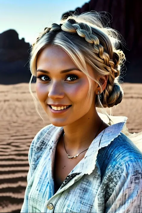 (rococo art, ornate, pastel, romantic, highly detailed:1.15), (from below, headshot:1.2) of <lora:sd15_locon_AllieDunn_16_v1-000014:.9> AllieDunn with blonde hair, smiling, she is wearing nontraditional miko, her hair is styled as dutch crown braid, BREAK she is (in the desert:1.1), dramatic rim lighting, (Ilford HP5 Plus:1.6) ,long exposure,8mm fisheye lens ,