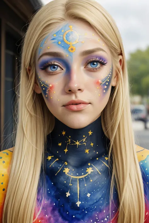 (watercolor painting:1.2) of <lora:sd15_locon_AllieDunn_16_v1:.9> AllieDunn with blonde hair, close up on face, focus on eyes, (astrology face paint:1.2)