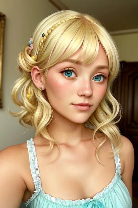 (rococo art, ornate, pastel, romantic, highly detailed:1.15), <lora:sd15_locon_AllieDunn_16_v1-000014:.9> AllieDunn with blonde hair, focus on eyes, close up on face, citron color hair styled as Soft Curls with Bangs, vignette
